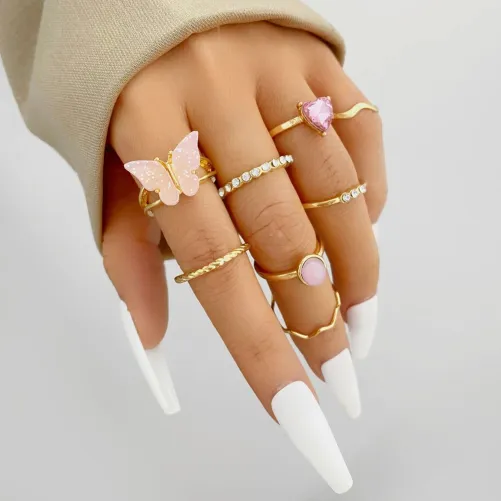 Rhinestone Heart Butterfly Wave Knuckle Ring Set (8 pcs)